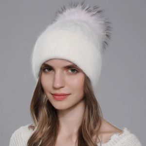 CNTANG nouveau naturel fourrure de raton laveur pompon tricot chapeau pour femmes chaud Angora lapin
