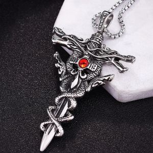 Collier Punk en titane et acier pour hommes, en alliage, Double Dragon, pendentif épée, ras du cou,