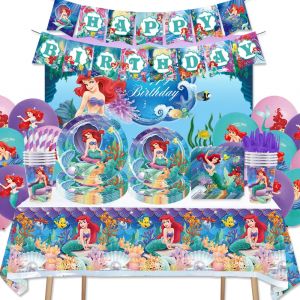 Vaisselle thème Disney petite sirène princesse Ariel, décorations d'anniversaire pour fille, ballon,