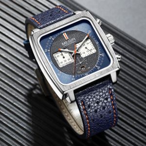 MEGIR cadran carré chronographe montres à Quartz pour hommes mode bracelet en cuir bleu