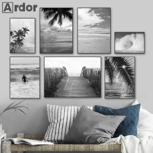 Affiches d'art de palmier noir et blanc, impression de vagues de mer, peinture sur toile de paysage