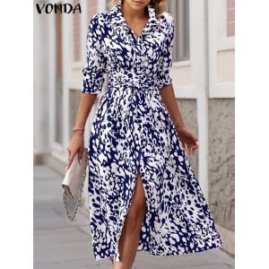 VONDA-Robe longue imprim&eacute;e boh&egrave;me pour femme, manches longues, ceinture, d&eacute;contract&eacute;, midi, robe