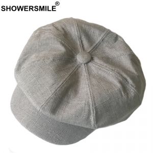 SHOWERSMILE lin casquette gavroche femmes solide Vintage casquette octogonale hommes Style