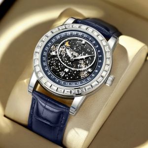 Montre pour hommes mode affaires bracelet en cuir de luxe diamant ciel étoilé Phase de lune Date