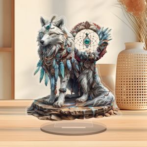 D&eacute;cor de bureau en acrylique, loup blanc majestueux et attrape-r&ecirc;ves, panneau de table Boho Chic,