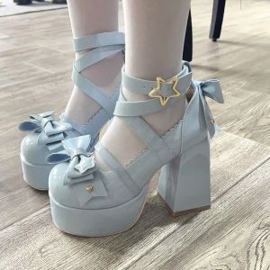 Chaussures Lolita à talons hauts pour femmes, sandales épaisses, chaussures d'été en cuir PU Mary