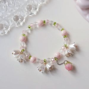 Bracelet Vintage en perles de lys, tulipe, fleur, pour femmes, mignon, pompon, pendentif pêche,
