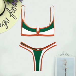 Maillot de bain imprimé blocage de couleur pour femme, col en v, Sexy, Micro bikini, ensemble Push