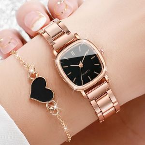 2 pi&egrave;ces/ensemble montre pour femme mode carr&eacute; en acier inoxydable bande montres &agrave; Quartz coeur