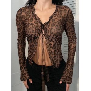 Chemisier à lacets imprimé léopard pour femmes, chemises en maille semi-transparente, mode élégante,