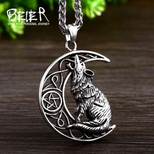 BE16 Acier Inoxydable Nordique Viking Tête De Loup Demi-Lune Hommes Pendentif Collier Pentagramme