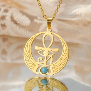 Jeshayuan Ankh oeil d'horus pendentif collier pour femmes en acier inoxydable les ailes de la déesse