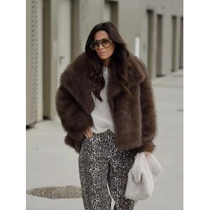 Veste Vintage en fausse fourrure marron pour femme, manteau court élégant à revers doux, manches