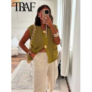 TRAF femmes mode sans manches aiguille grossière tricot gilet pull femme Chic grandes poches Patch