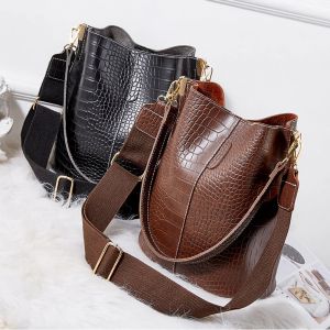Sacs à bandoulière en cuir pour femmes, grande capacité, Patchwork, mode seau, motif Crocodile, sac