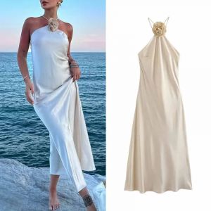 TRAF – robe mi-longue Beige pour femmes, col licou, dos nu, à lacets, motif Floral, nouvelle mode