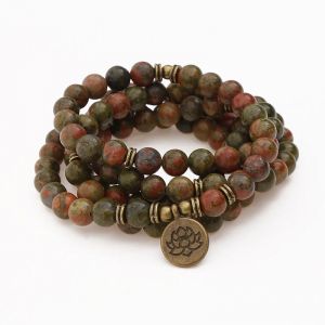 Bracelet et collier en pierre d'onyx vert, fleurs naturelles, pendentif Lotus OM, 108 Mala Chakra,