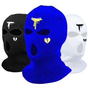 3 trous mode hiver unisexe cagoule masque chapeau broderie masque complet tricot&eacute; cyclisme Ski