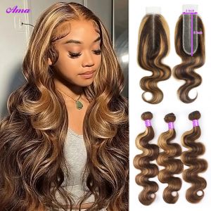 Mèches Brésiliennes Naturelles avec Closure, Ombré, Body Wave, 2x6 Pouces, P4 27