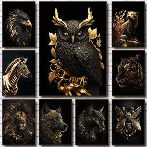 Toile de peinture abstraite avec animaux en or noir, hibou, tigre, Lion, loup, aigle, zèbre,