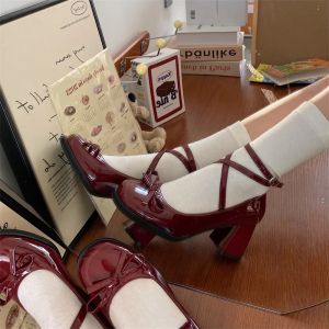 Rouge Mary Jane femmes pompes épais talons hauts chaussures femme Lolita bout carré chaussures
