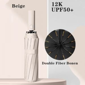 1pc r&eacute;sistant au vent pliant automatique parapluie pluie rev&ecirc;tement noir 12 os Parasol pluie Auto