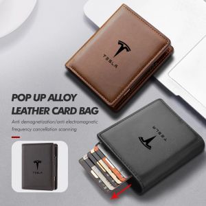 Portefeuille Pop-Up en cuir pour voiture, blocage RFID, étui à Double carte en métal pour Tesla