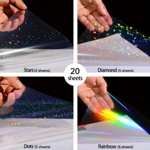 Papier autocollant holographique en PVC, 20 feuilles de papier, motifs mixtes A4 (arc-en-ciel, verre