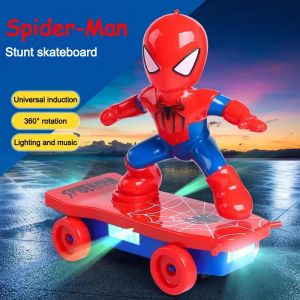 Spider Man – jouets de Skateboard à rabat automatique, voiture acousto-optique à Rotation, Iron Man,