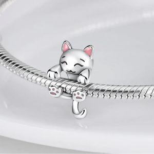 Perles breloque en forme de chat au lait rose en argent 20224, adapt&eacute;es au Bracelet Pandora pour