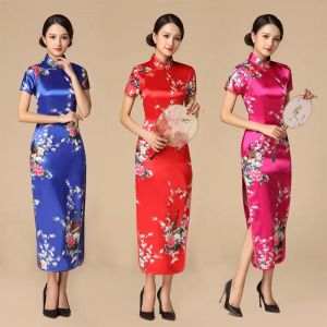 Sexy Cheongsam Tradition Chinoise Style Robe Imprimé Satin Qipao Dame Robes Élégantes Été Nouveau