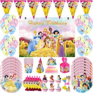 Décoration d'anniversaire princesse rose Disney, vaisselle, tasses, assiettes, bannière de fond,