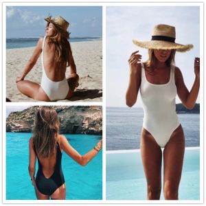 Femmes une pièce maillot de bain solide basique blanc dos nu maillots de bain Monokini body Push Up