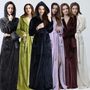 Femmes hommes hiver grande taille flanelle peignoir Extra Long &agrave; capuche chaud amoureux &eacute;pais Kimono