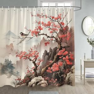 Rideau de douche à fleurs et oiseaux de Style japonais, abstrait, montagne rouge, plante florale,