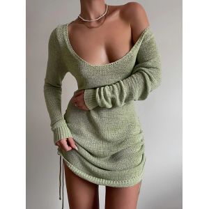 HELIAR femmes tricot&eacute; dos nu robe Sexy vert pansement &agrave; manches longues vacances Mini robe plage