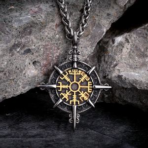 Collier boussole Vikings rétro couleur or pour hommes, pendentif amulette de Rune nordique Antique