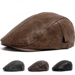 B&eacute;ret en cuir PU pour hommes et femmes, &eacute;pais et chaud, &agrave; la mode, casquette de journal Vintage,