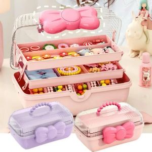 Bo&icirc;te de rangement multicouche avec n&oelig;ud papillon, bo&icirc;te &agrave; bijoux pour filles, bo&icirc;te de rangement
