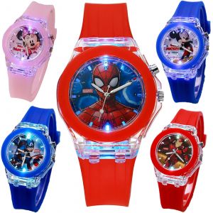 Disney Mickey Mouse montres enfants bracelet en Silicone lumi&egrave;re color&eacute;e Spiderman enfants montre