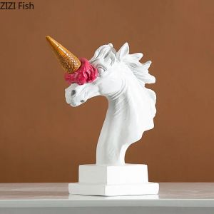 Sculpture d'animaux artificiels en résine, licorne, cheval de crème glacée, drôle, Figurines