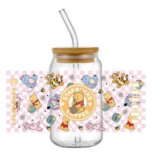 Mininstants-Tasse en verre à café avec autocollant auto-adhésif, Ours Winnie, UV, DTF, Rond pour
