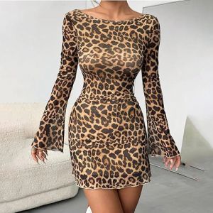Mini robe Sexy en maille imprim&eacute; l&eacute;opard pour femmes, dos nu, manches &eacute;vas&eacute;es, robes courtes de