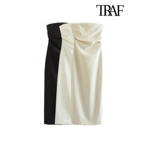 TRAF femmes mode bretelles froncé robe mi-longue Sexy col droit dos fente robes féminines robes