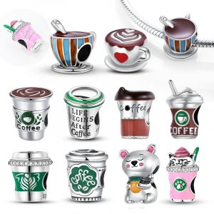 Breloques tasse &agrave; caf&eacute; en argent S925 pour femme, chat mignon, th&eacute;i&egrave;re, perles, convient au bracelet