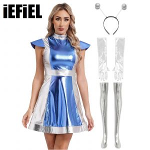 Costume de déguisement Alien pour femmes, métallique brillant, robe de combat spatial, cerceau pour