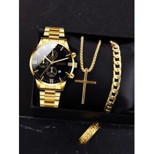 4 pièces en alliage d'or romain avec calendrier montre à quartz pour hommes et collier croix