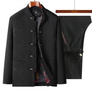 Costume Tang (haut + pantalon) pour hommes d'âge moyen et âgés, père, Style chinois, boucle à