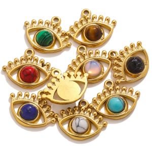 Pendentif en pierre naturelle en acier inoxydable pour femme, pendentif &oelig;il de couronne,