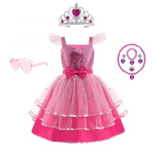 Robe de Cosplay Barbie pour filles, imprimé avec nœud, petites manches volantes, pour fête de remise